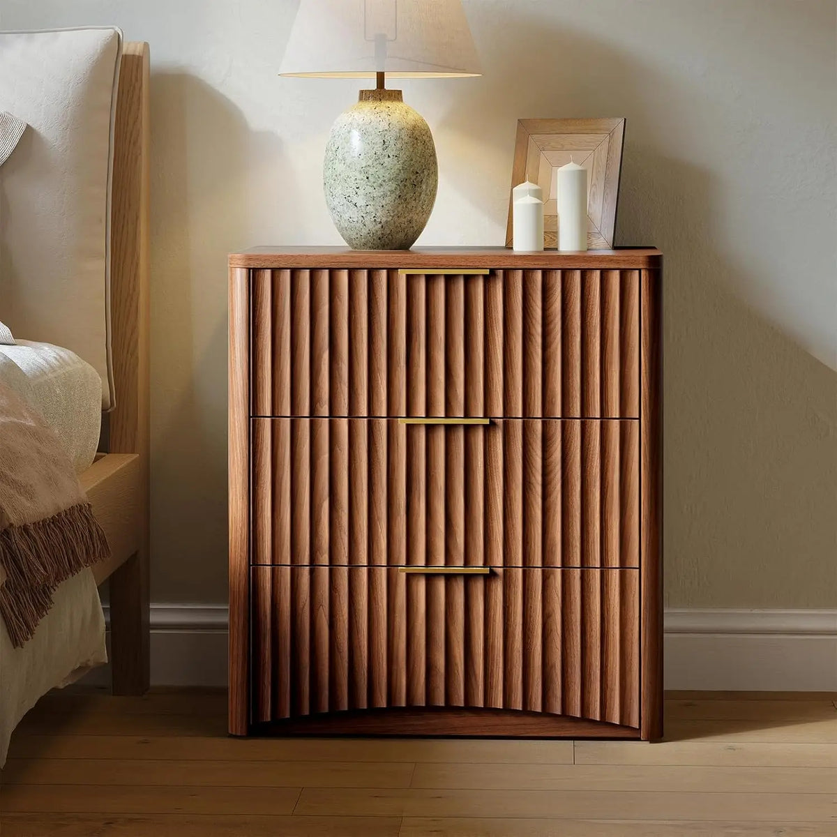 Dresden Collection | Atomic-Era Drawer Fluted Walnut Nightstand - presented at scale within a designed interior in a Mid-Century Modern bedroom setting.