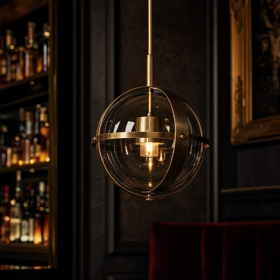 Dresden Collection | Geometric Glass-Topped Smoke Glass & Brass Globe - showcasing full sculptural form and material finish in a Mid-Century Modern living room setting.