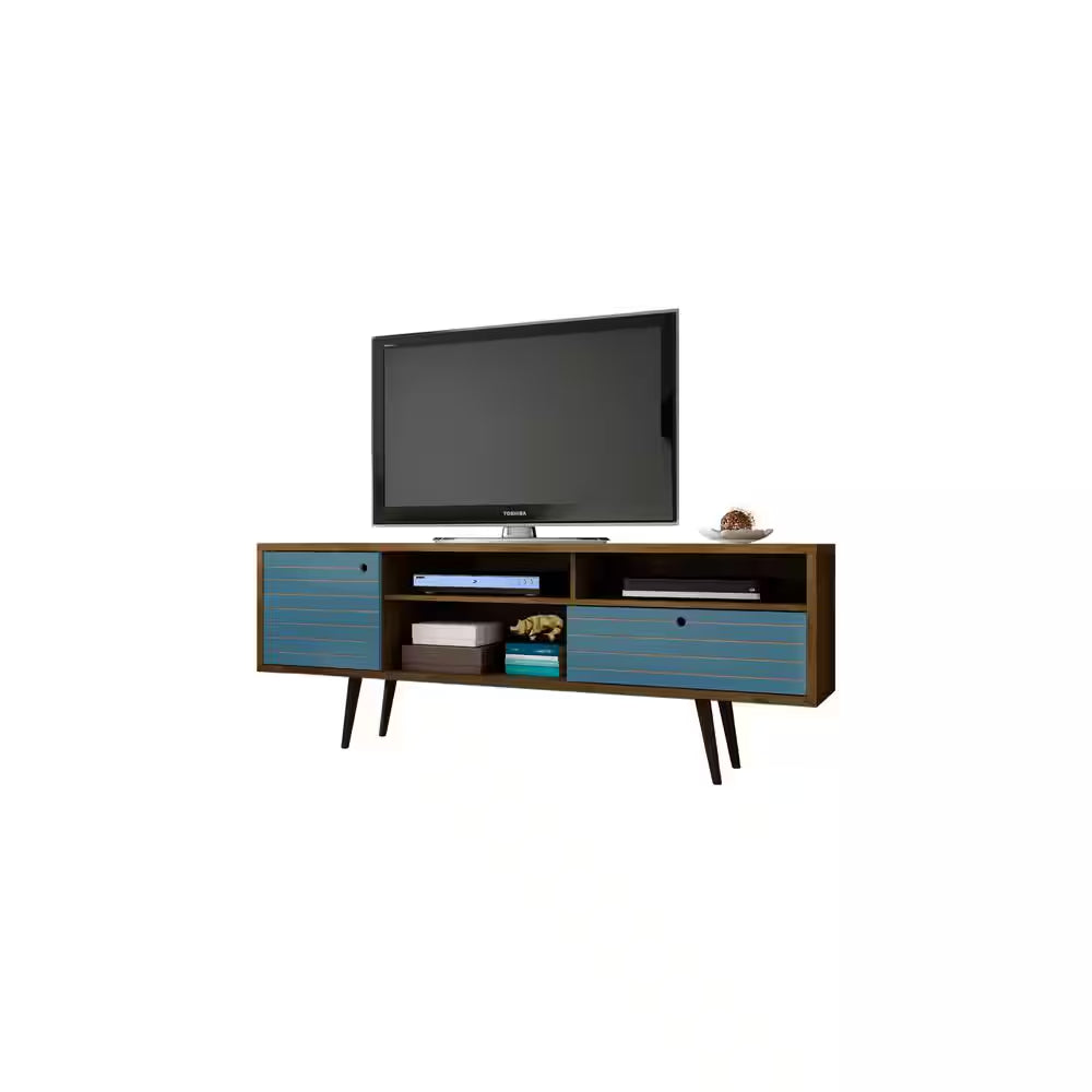 Liberty 70.86 In. Rustic Brown and Aqua Blue TV Stand Fits Tvs up to 65 In. with Storage Doors and Cable Management