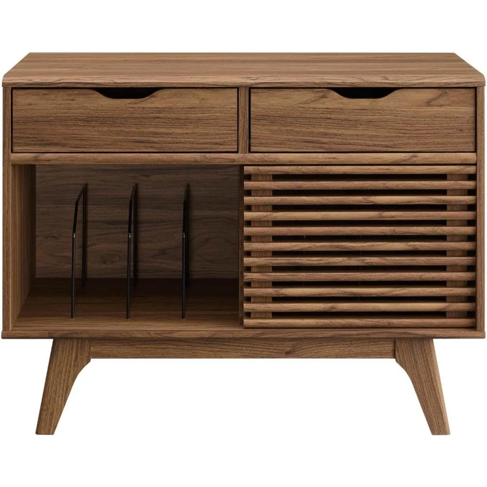 Dresden Collection | Compact Tapered-Leg Walnut Record Console - styled from an alternate angle revealing dimensional depth in a Mid-Century Modern entryway setting.