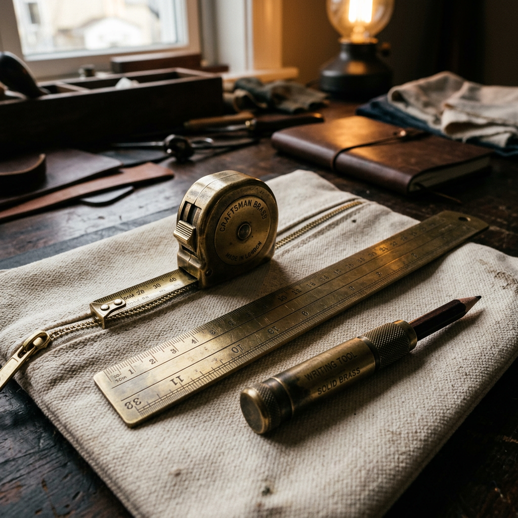 Brass Tape Measure & Tools Trio | Curator's Protocol - Heirloom brass tools with natural patina.