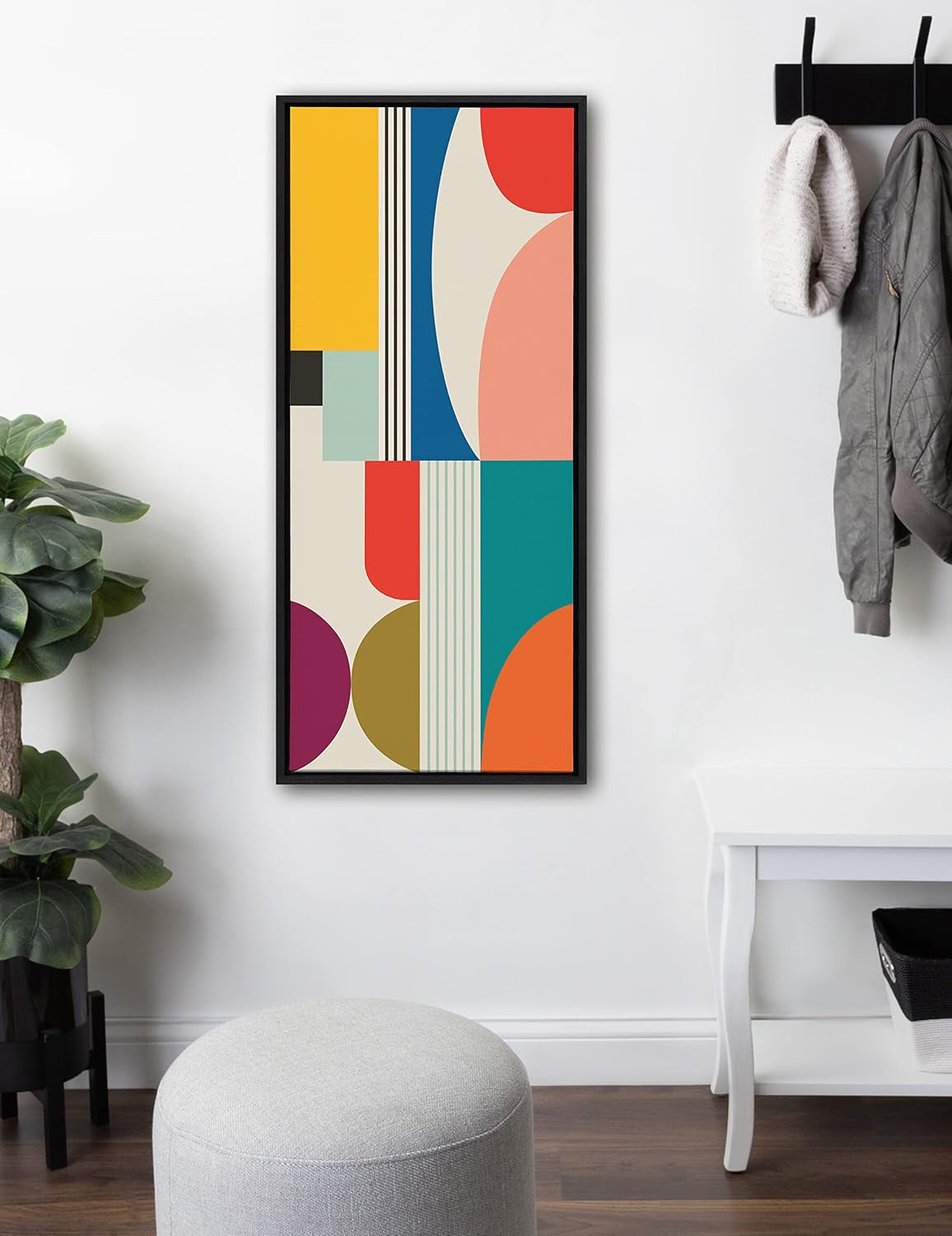 Sylvie Mid Century Modern Pattern Framed Canvas Wall Art by Rachel Lee of My Dream Wall, 18X40 Black, Colorful Abstract Art Print for Wall