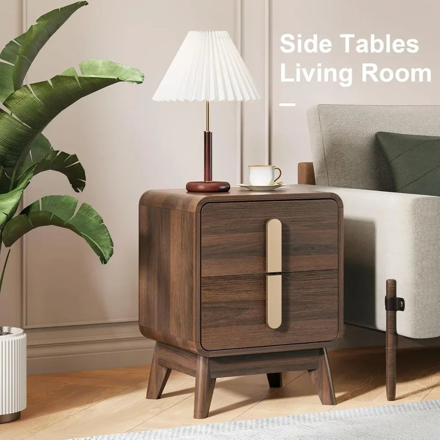 Dresden Collection | Curved Walnut Nightstand - showcasing full sculptural form and curated finish in a Mid-Century Modern bedroom setting.