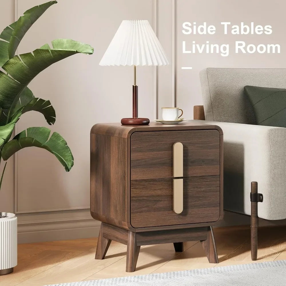 Dresden Collection | Curved Walnut Nightstand - showcasing full sculptural form and curated finish in a Mid-Century Modern bedroom setting.