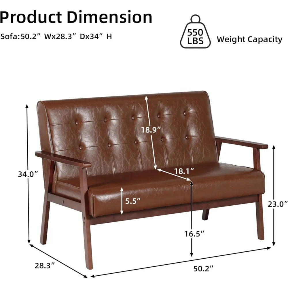 Belmont Collection | Geometric Leather-Wrapped Leather & Walnut Loveseat - captured in a curated lifestyle vignette in a Mid-Century Modern living room setting.