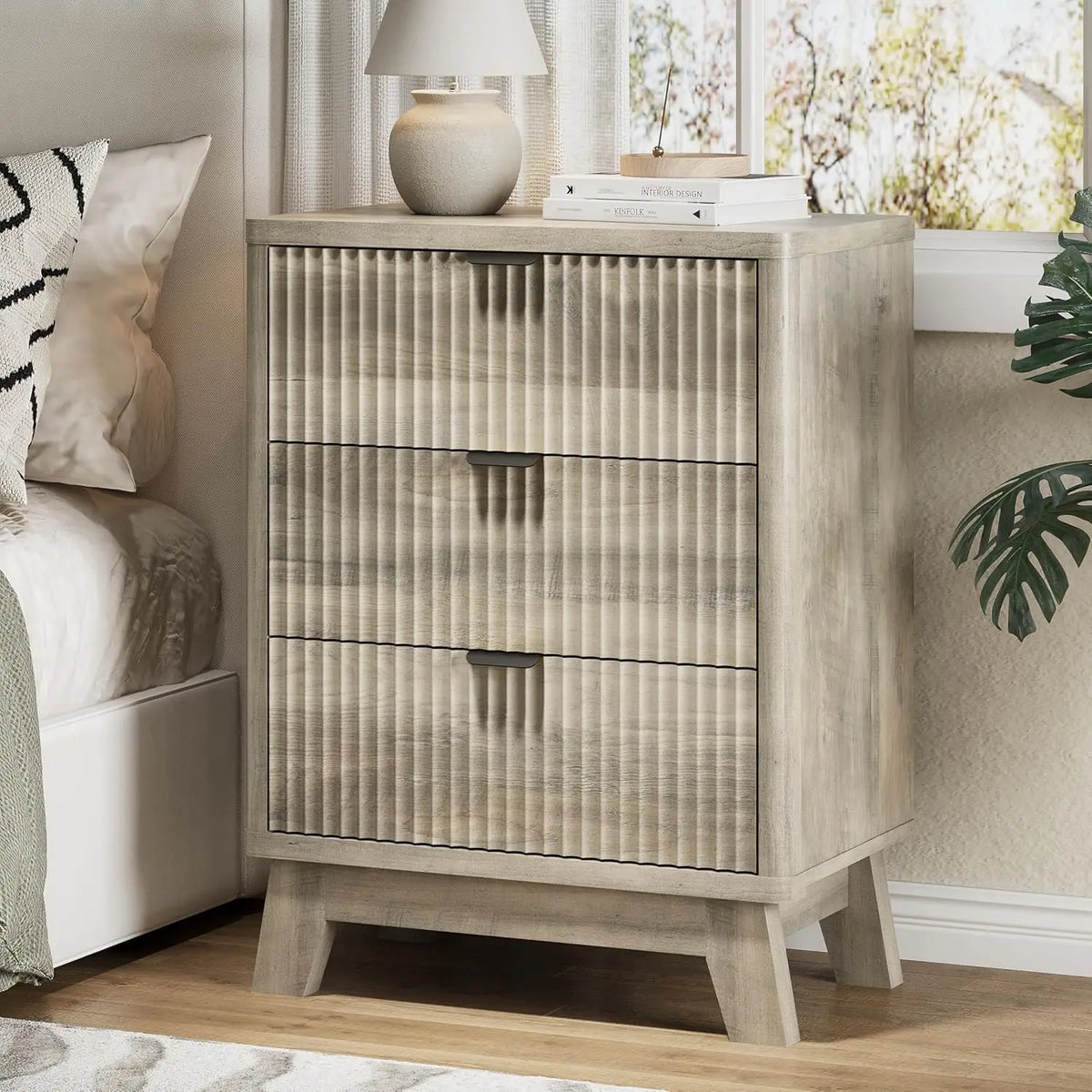 Astoria Collection | Fluted Brass-Accented Fluted Walnut Nightstand - detail view 15 revealing design nuance in a Mid-Century Modern bedroom setting.