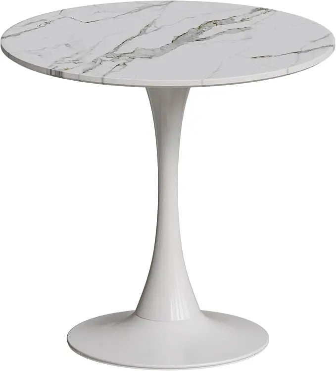 Dresden Collection | Sculptural Marble-Topped Carrara Marble Tulip Table - revealing tonal warmth and surface patina under ambient light in a Mid-Century Modern living room setting.