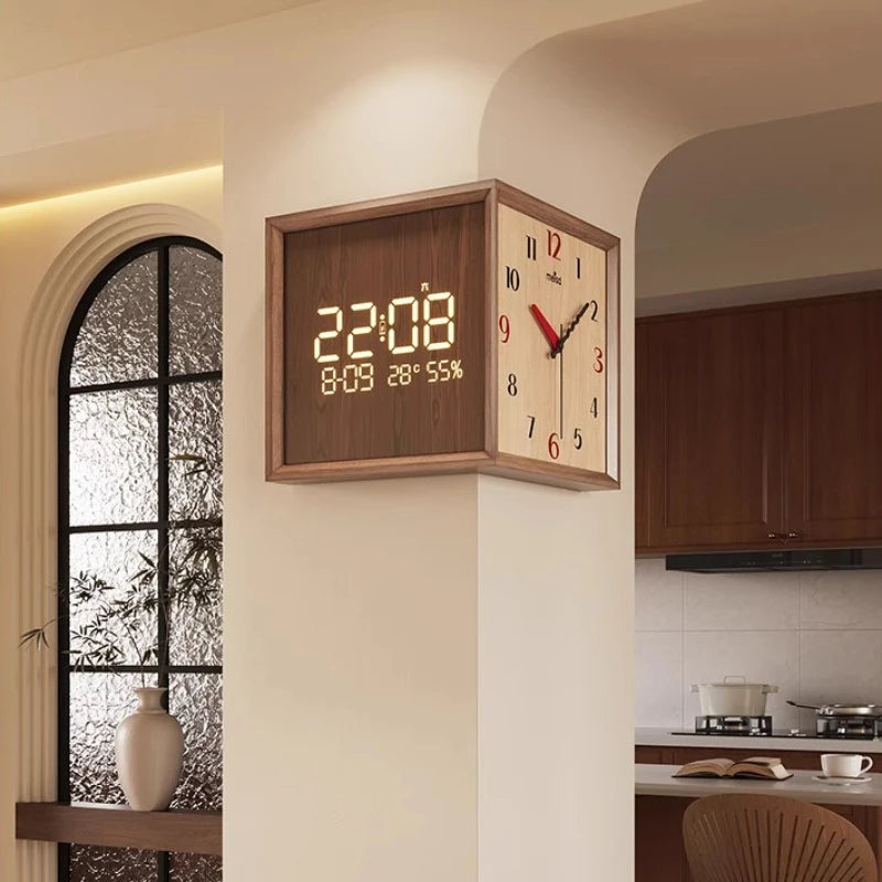 Dresden Collection | Geometric Atomic-Era Walnut Digital Clock - demonstrating proportional harmony within the collection in a Mid-Century Modern living room setting.