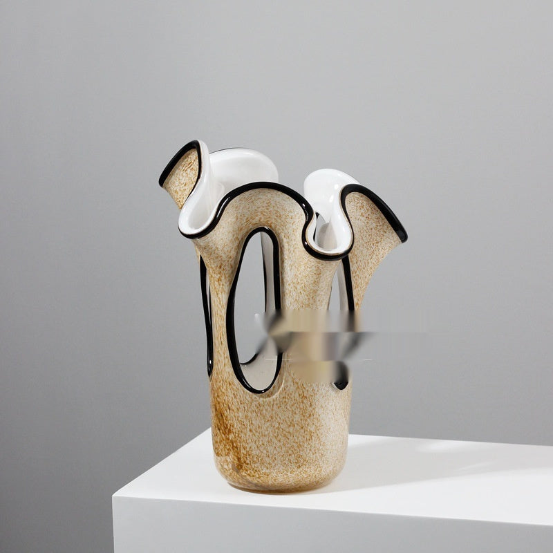 Elegant Petal-Shaped Light Brown Vase with Black Edging