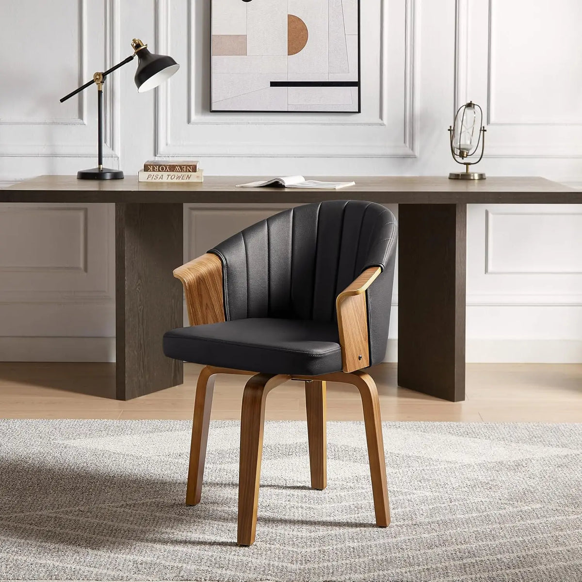 Astoria Collection | Sculptural Atomic-Era Swivel Accent Chair - styled from an alternate angle revealing dimensional depth in a Mid-Century Modern living room setting.