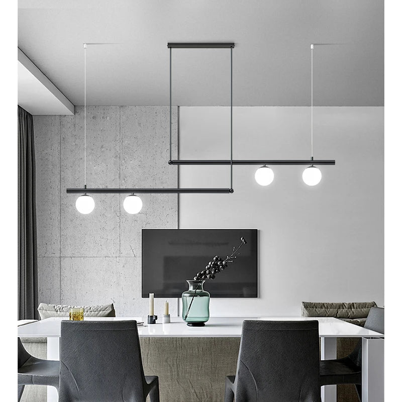 Astoria Collection | Geometric Glass-Topped Opal Glass Sphere Chandelier - showcasing full sculptural form and curated finish in a Mid-Century Modern living room setting.