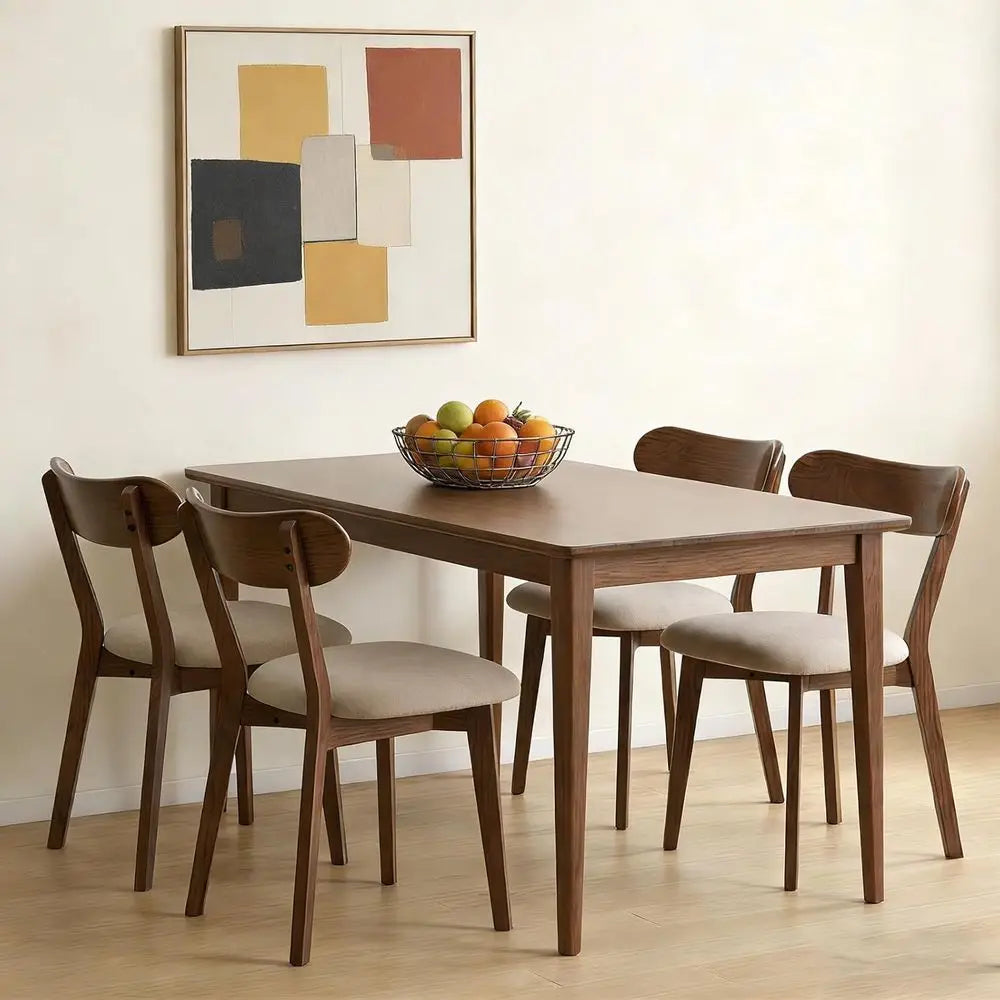 Valencia Collection | Tapered-Leg Gold-Trimmed Oak Dining Chair Set of 4 - presented at scale within a designed interior in a Mid-Century Modern dining room setting.