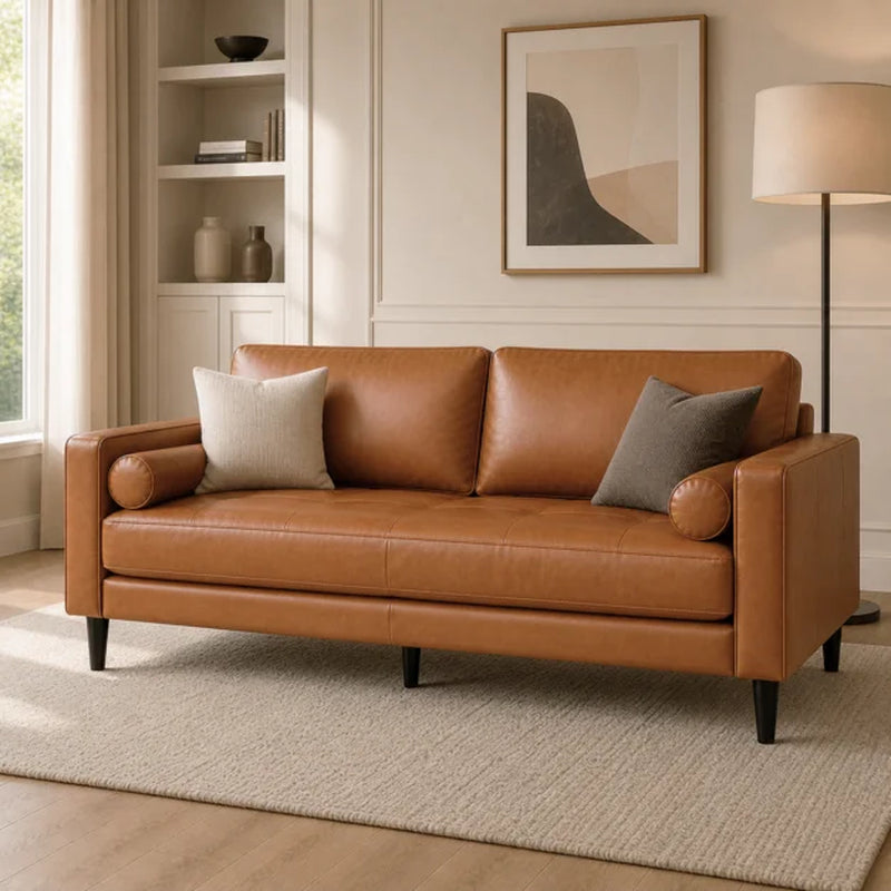 Marisa Genuine Leather Mid-Century Modern Sofa, Removable Cushions, Matching Bolster Pillows, Plush Foam Comfort, Sturdy Hardwood Frame, Spacious 3-Seater Seating, Tan