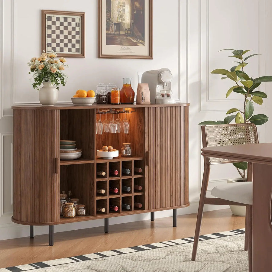 Cordoba Collection | Fluted Atomic-Era Fluted Walnut Wine Cabinet - showcasing full sculptural form and curated finish in a Mid-Century Modern dining room setting.