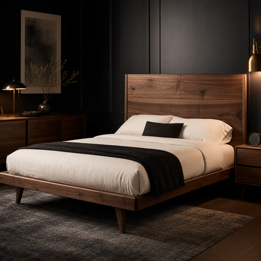 Dresden Collection | Floating Atomic-Era Walnut Platform Bed - showcasing full sculptural form and curated finish in a Mid-Century Modern bedroom setting.