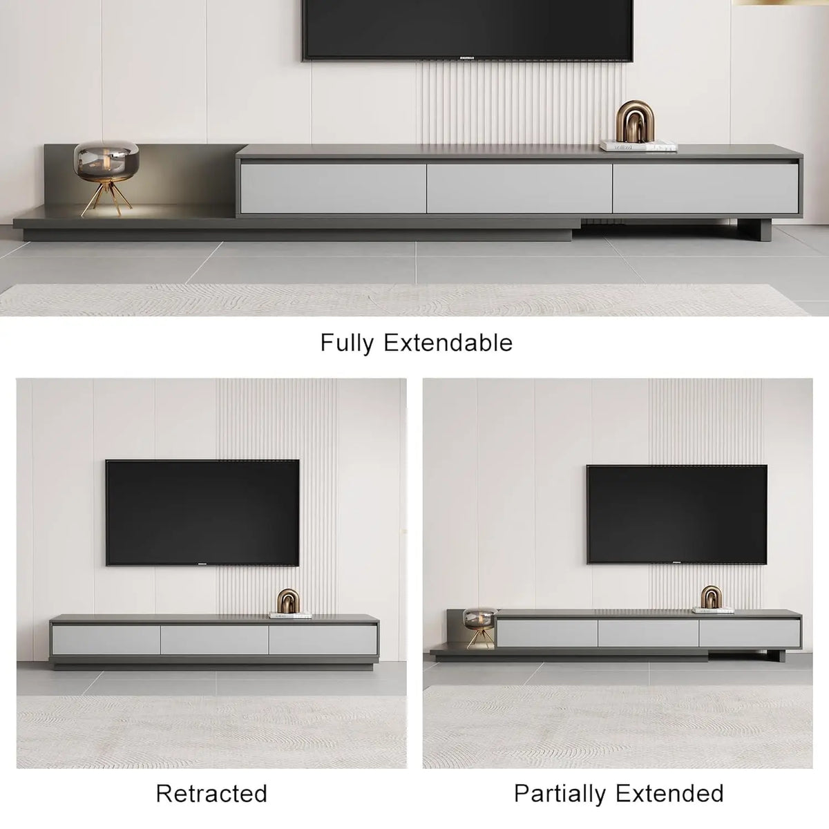 Ellington Collection | Tapered-Leg Brass-Accented Walnut Entertainment Console - styled from an alternate angle revealing dimensional depth in a Mid-Century Modern entryway setting.