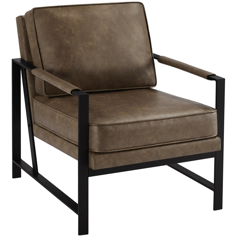 Mid-Century Modern Accent Chair with Metal Frame, Brown Faux Leather