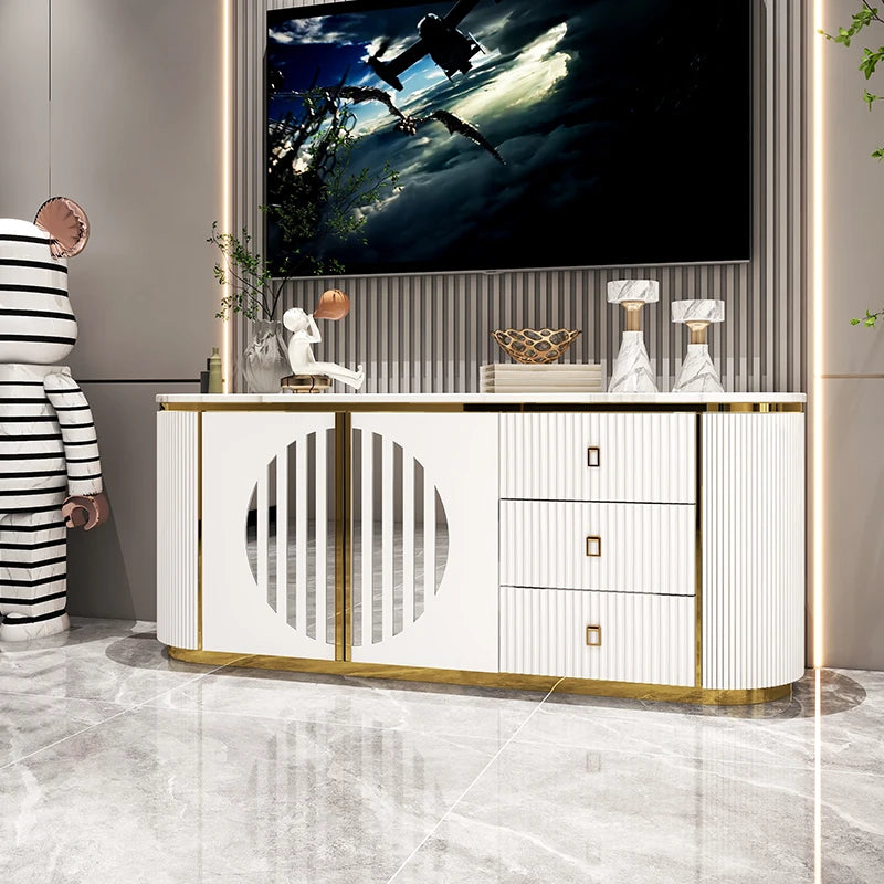 Belmont Collection | Tapered-Leg Brass-Accented Rich Walnut Media Console - framed in an editorial still-life composition in a Mid-Century Modern entryway setting.