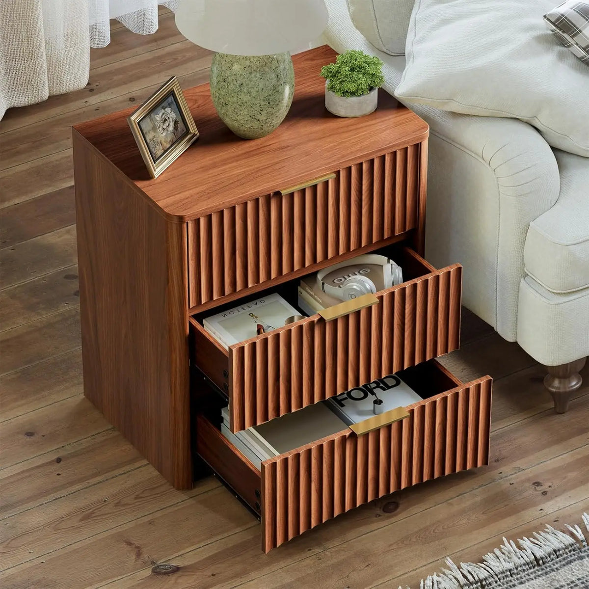 Dresden Collection | Atomic-Era Drawer Fluted Walnut Nightstand - featuring close-up joinery and artisanal finish quality in a Mid-Century Modern bedroom setting.