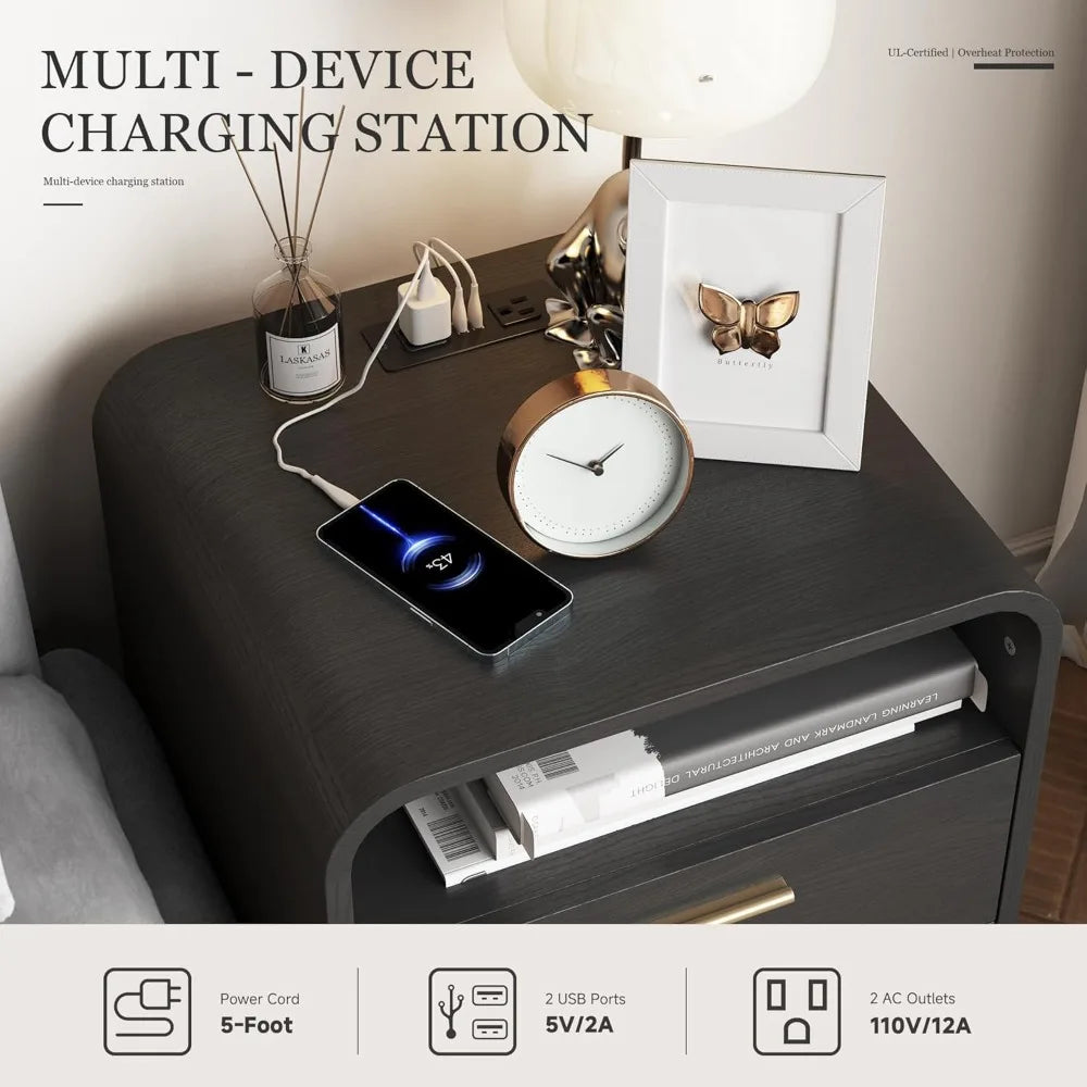 Meridian Collection | Tapered-Leg Walnut Charging Nightstand - styled from an alternate angle revealing dimensional depth in a Mid-Century Modern bedroom setting.