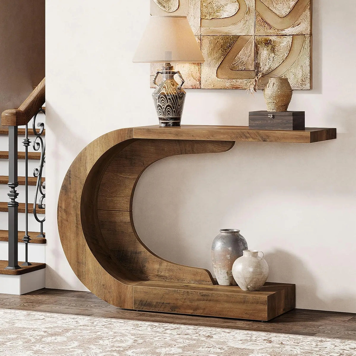Dresden Collection | Sculptural C-Frame Walnut Console - showcasing full sculptural form and curated finish in a Mid-Century Modern entryway setting.