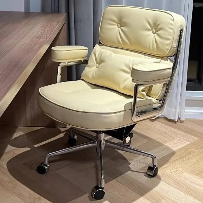 Dresden Collection | Sculptural Leather-Wrapped Executive Swivel - styled from an alternate angle revealing dimensional depth in a Mid-Century Modern living room setting.