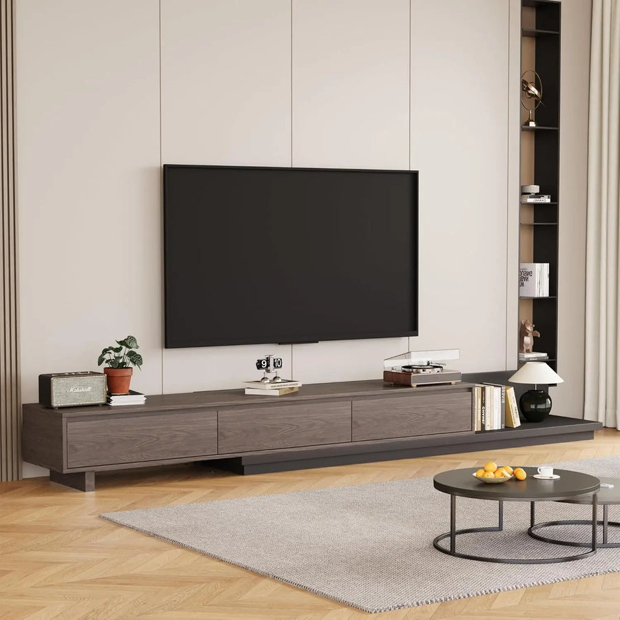 Ellington Collection | Tapered-Leg Brass-Accented Walnut Entertainment Console - showcasing full sculptural form and curated finish in a Mid-Century Modern entryway setting.