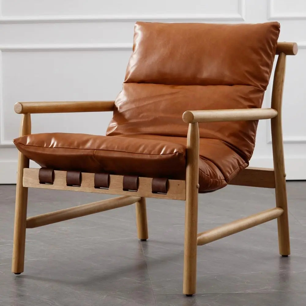 Ellington Collection | Geometric Leather-Wrapped Vegan Leather Armchair - styled from an alternate angle revealing dimensional depth in a Mid-Century Modern living room setting.