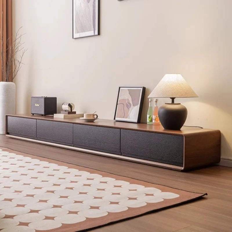 Cordoba Collection | Minimalist Walnut Media Console with Hearth - featuring close-up joinery and artisanal finish quality in a Mid-Century Modern entryway setting.