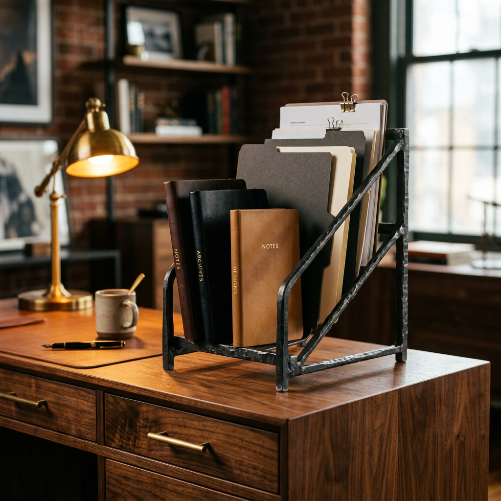 Industrial Metal Gallery File Holder | Belmont Collection - Charcoal noir vertical poise.