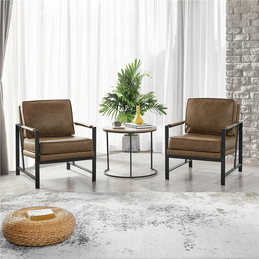 Mid-Century Modern Accent Chair with Metal Frame, Brown Faux Leather
