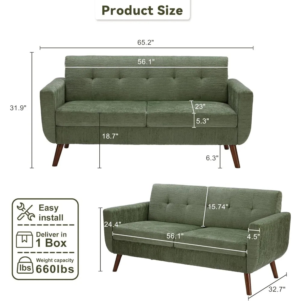 Ellington Collection | Panoramic Tapered-Leg Walnut Loveseat - revealing tonal warmth and surface patina under ambient light in a Mid-Century Modern living room setting.
