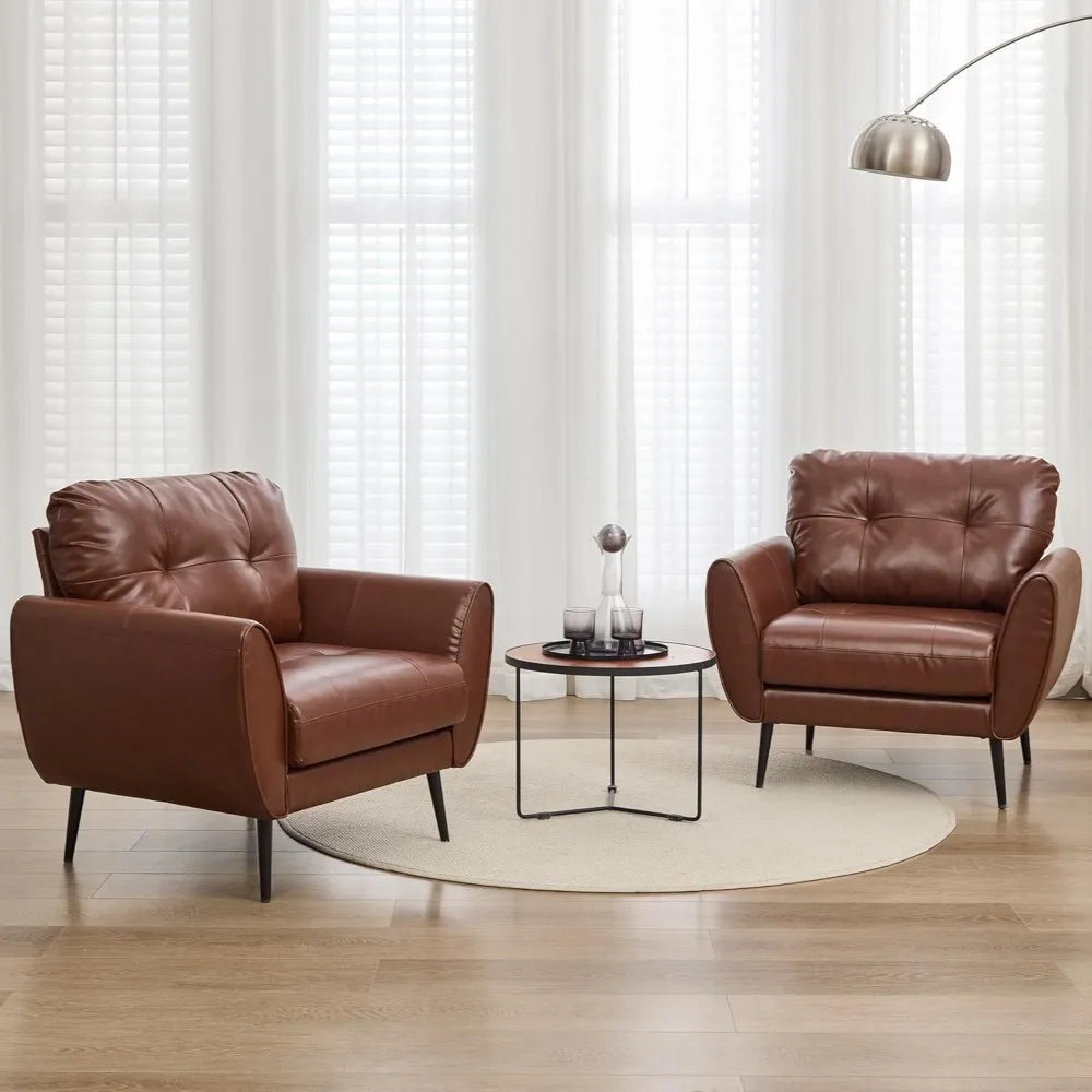 Ellington Collection | Geometric Leather-Wrapped Rich Cognac Leather Accent Chairs - styled from an alternate angle revealing dimensional depth in a Mid-Century Modern living room setting.