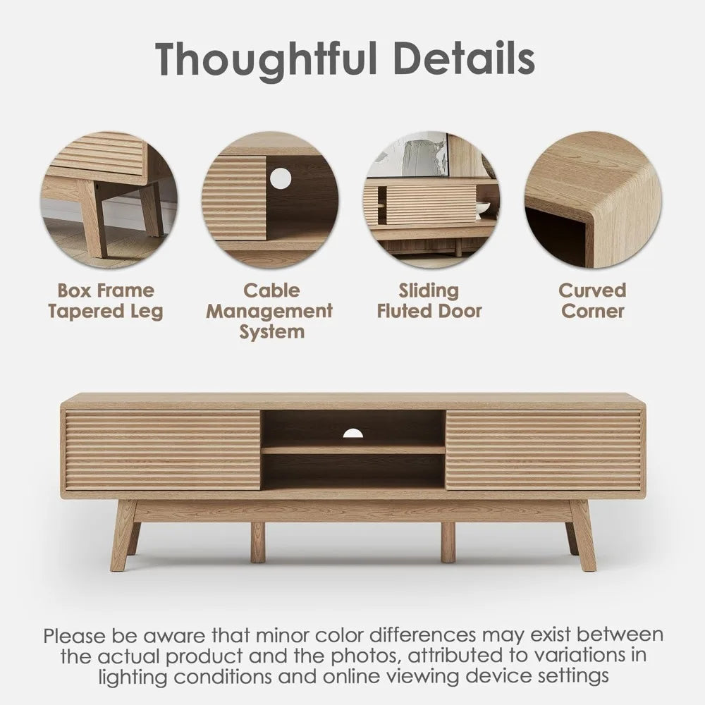 Dresden Collection | Fluted Desert-Modern Fluted Oak Media Console - styled from an alternate angle revealing dimensional depth in a Mid-Century Modern entryway setting.
