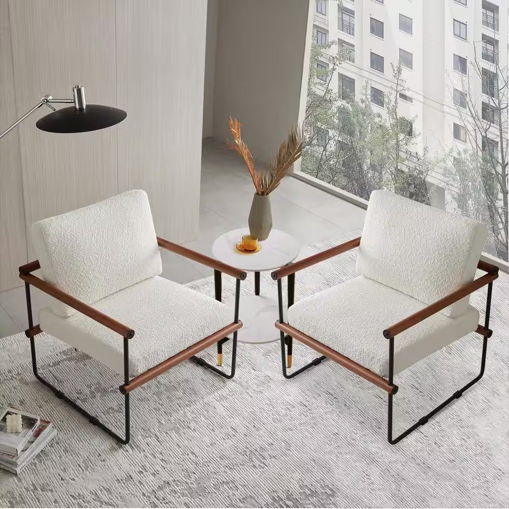 16.7 In. White round Slate Stone Coffee Table and Single Upholstered Armchair with 3 Pieces