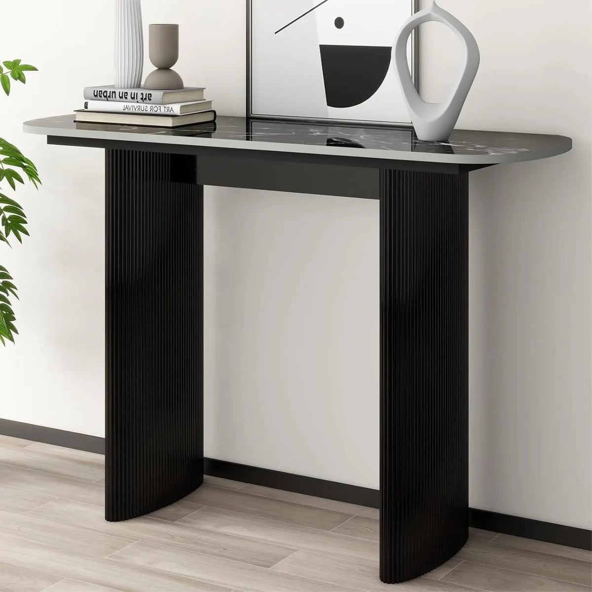 Astoria Collection | Tapered-Leg Atomic-Era Walnut Console - demonstrating proportional harmony within the collection in a Mid-Century Modern entryway setting.