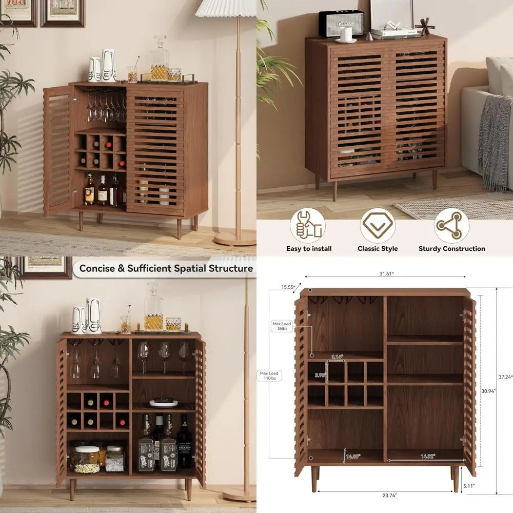 Dresden Collection | Slatted Glass-Topped Walnut Bar Cabinet - highlighting material texture and craftsmanship detail in a Mid-Century Modern dining room setting.