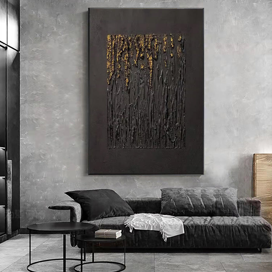 Luxurious Black Abstract Handmade Painting with Gold Textures - Mid-Century Modern Wall Art