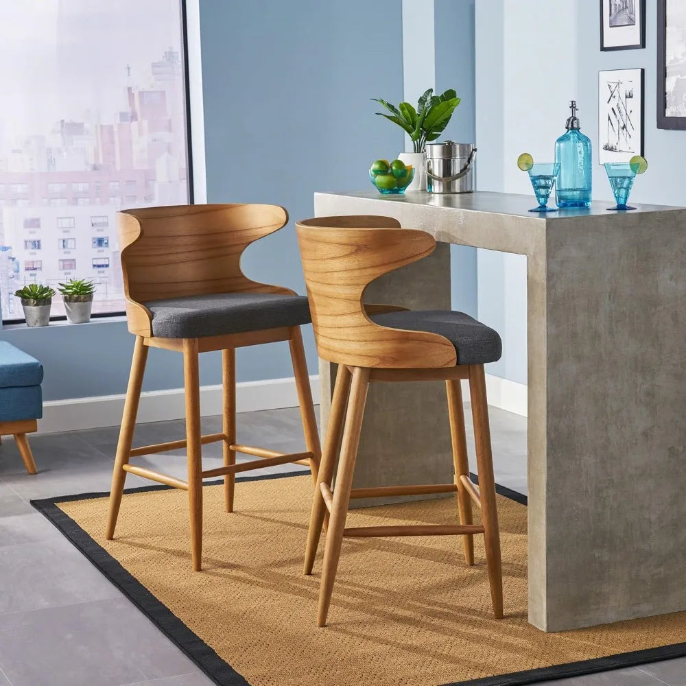 Meridian Collection | Steel-Framed Atomic-Era Charcoal & Steel Barstool Set - framed in an editorial still-life composition in a Mid-Century Modern dining room setting.