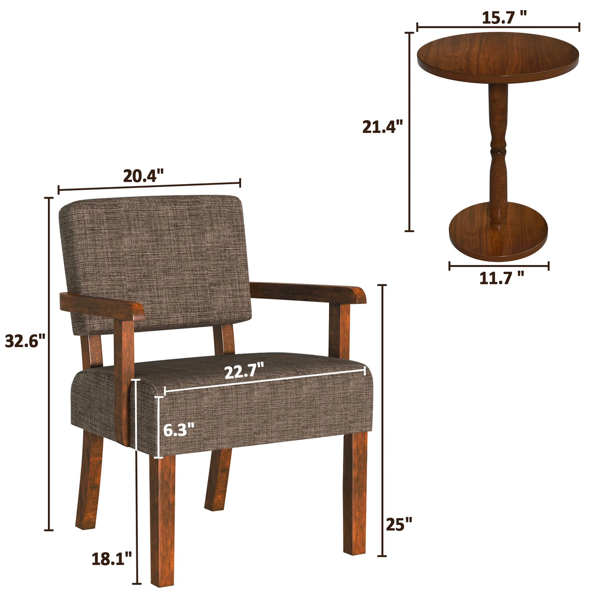 Accent Chair Set of 2 with Table, Mid Century Modern Upholstered Chairs for Living Room,Brown