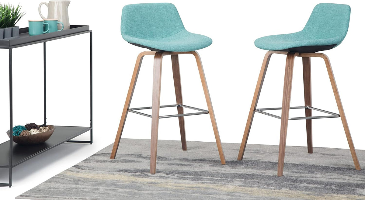 SIMPLIHOME Raya 24" Seat Height Vegan Leather Counter Stool (Set of 2) | Aqua Blue, Mid-Century Counter Stools with Curved Backrest and Footrest; Upholstered Kitchen or Bar Seating.