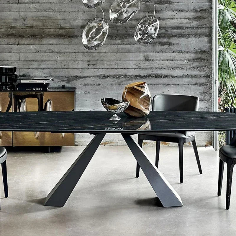Dresden Collection | Arched Marble-Topped Polished Obsidian Marble Dining Table - showcasing full sculptural form and curated finish in a Mid-Century Modern dining room setting.