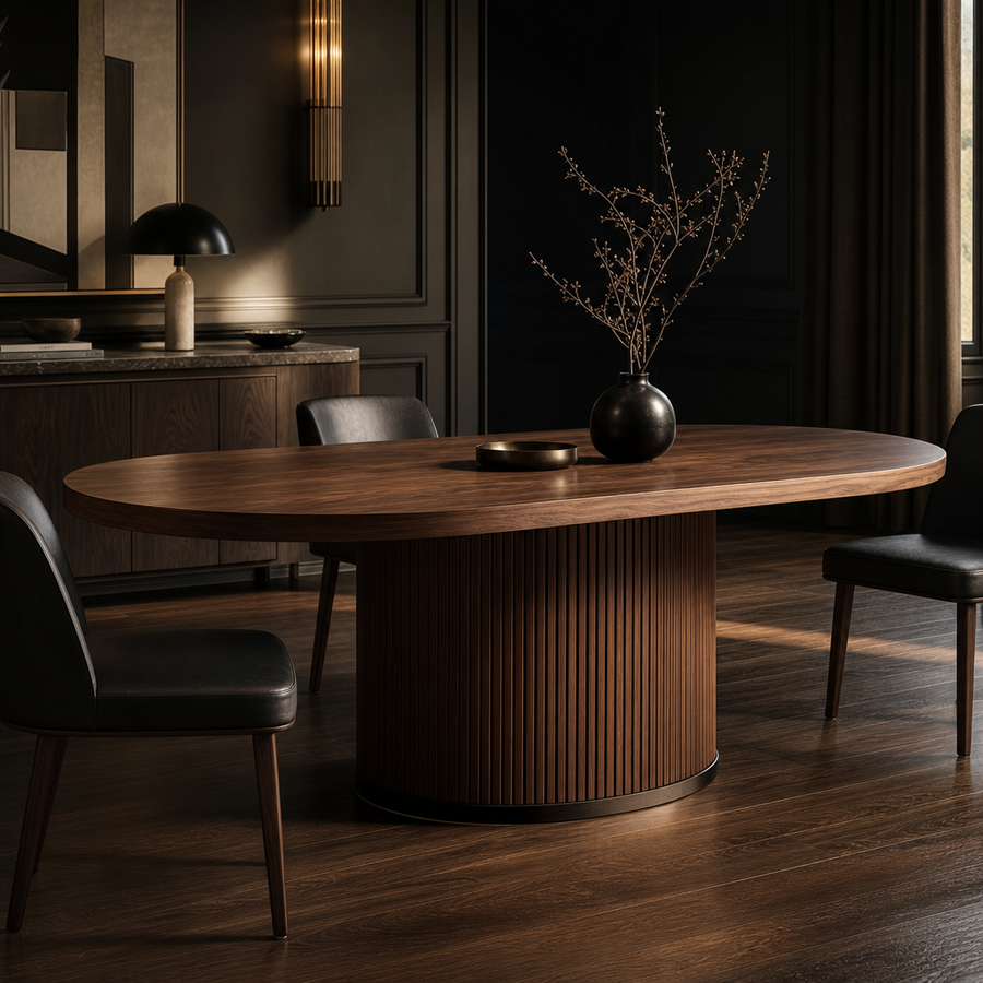 Meridian Collection | Sculptural Round Walnut Racetrack Table - showcasing full sculptural form and curated finish in a Mid-Century Modern living room setting.