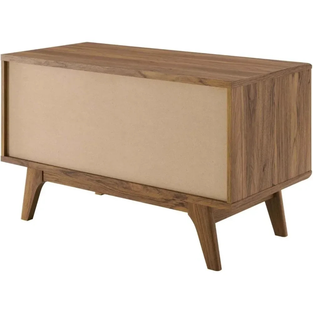 Dresden Collection | Sculptural Atomic-Era Walnut Record Stand - highlighting material texture and craftsmanship detail in a Mid-Century Modern living room setting.