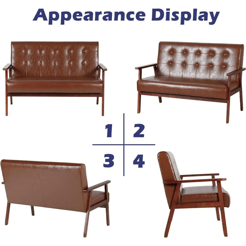 Belmont Collection | Geometric Leather-Wrapped Leather & Walnut Loveseat - styled from an alternate angle revealing dimensional depth in a Mid-Century Modern living room setting.