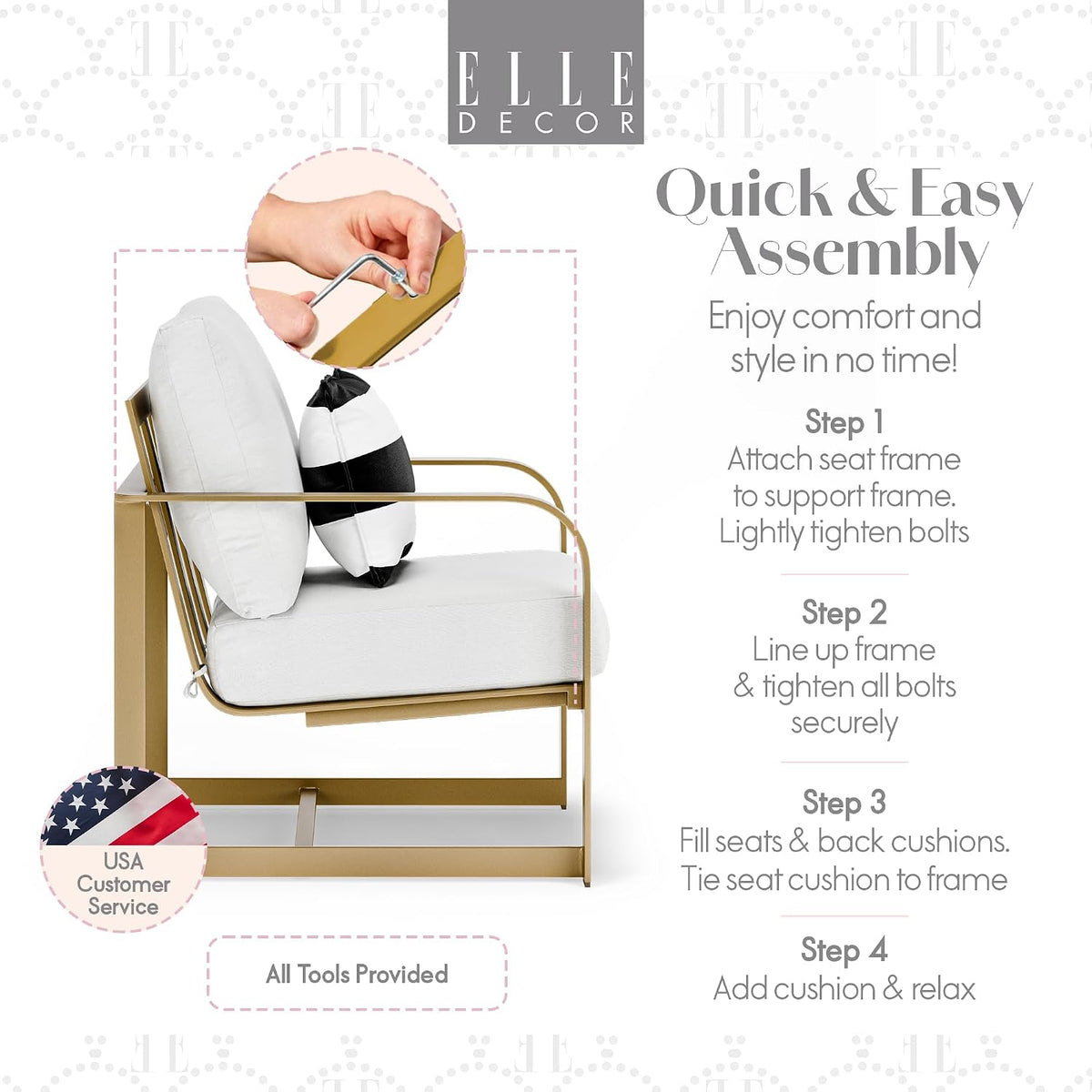 Mirabelle Modern Outdoor Patio Modular Furniture Collection, White or Gold Frame, Arm Chair
