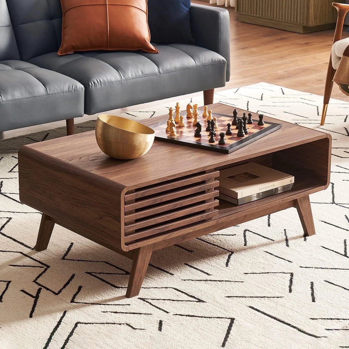 Ensley Mid-Century Modern Coffee Table with Dual Side Storage, Centerpiece for Your Living Room Walnut