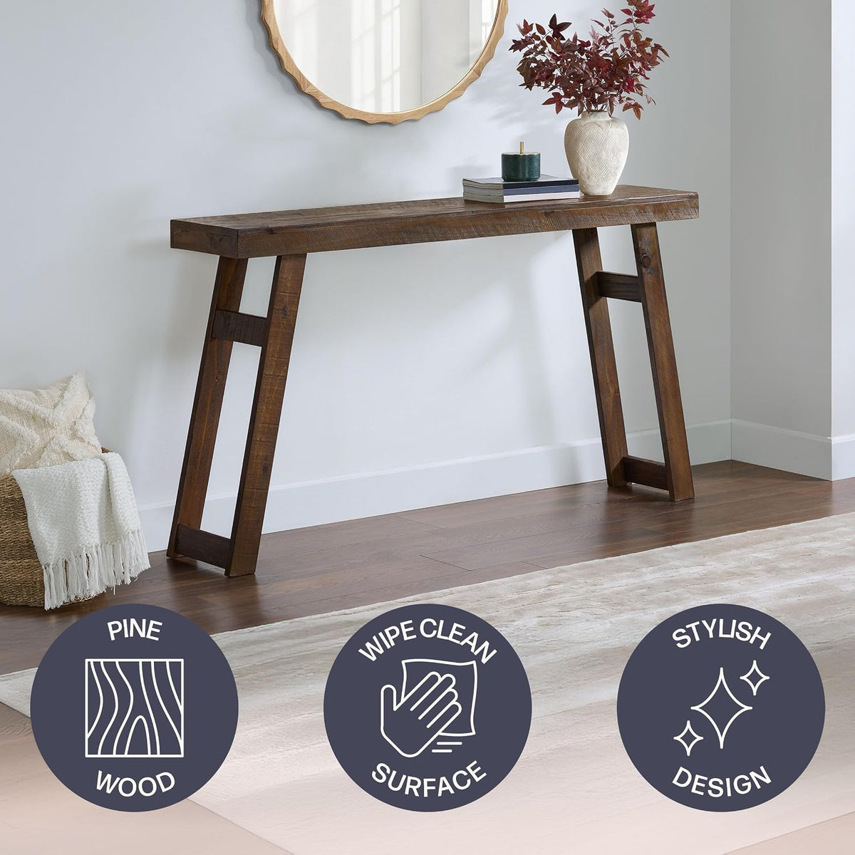 Lawas Solid Wood Console Table - 56 Inch Modern Farmhouse Entryway Table - Easy Assembly Living Room Furniture for behind the Couch, Entryway, or Hallway (Brown)