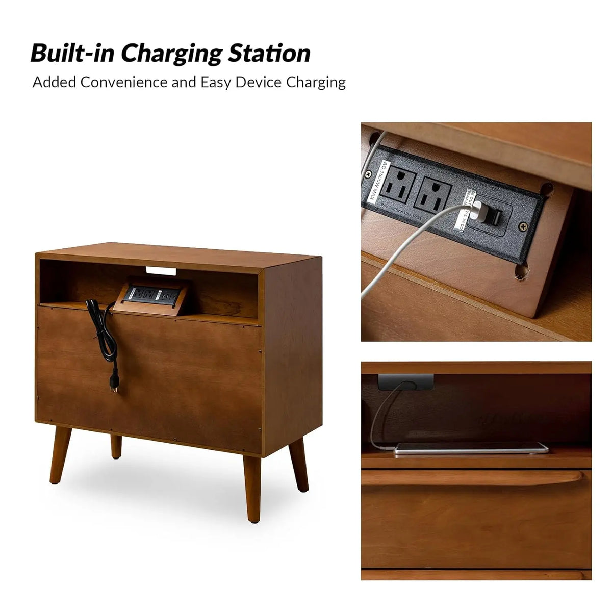 Meridian Collection | Fluted Brass-Accented Walnut Charging Console - captured in a curated lifestyle vignette in a Mid-Century Modern entryway setting.