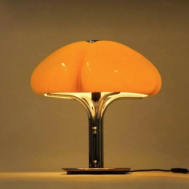 Fontaine Collection | Splayed-Leg Atomic-Era Ceramic Mushroom Table Lamp - framed in an editorial still-life composition in a Mid-Century Modern living room setting.
